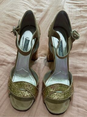 Prada Gold Glitter Suede Ankle-Strap Block Heels